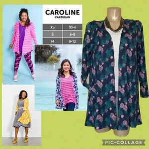 Lularoe women’s cardigan Medium duster top knit Caroline pineapple blue pink